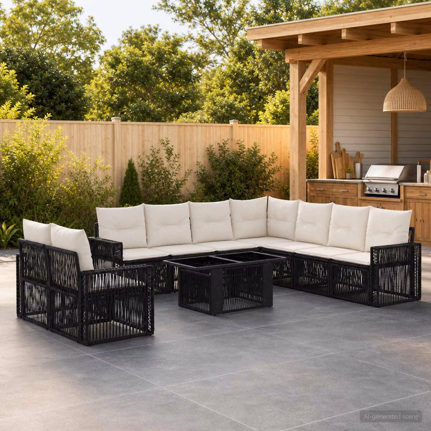 Set Divano da Giardino vidaXL 10 Pezzi in Polyrattan Moderno con Tavolino e Cuscini, Nero e Bianco Crema
