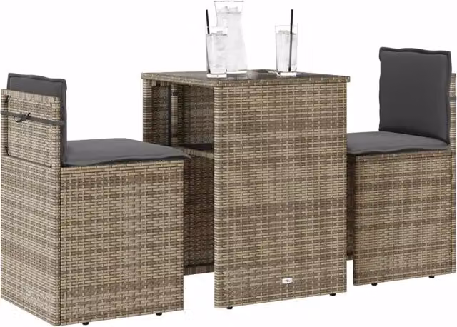 Set da Bistrò 3 pz vidaXL in Polyrattan con Piano in Vetro e Cuscini Beige e Grigio