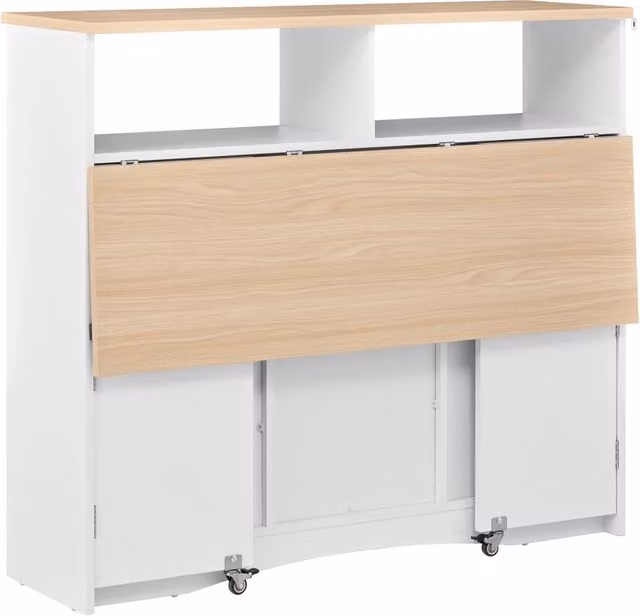 Isola da cucina moderna in MDF bianco con piano ribaltabile, ripiani regolabili, vani a giorno e 2 sgabelli, L: 110 cm, P: 34-68 cm, H: 97,5 cm