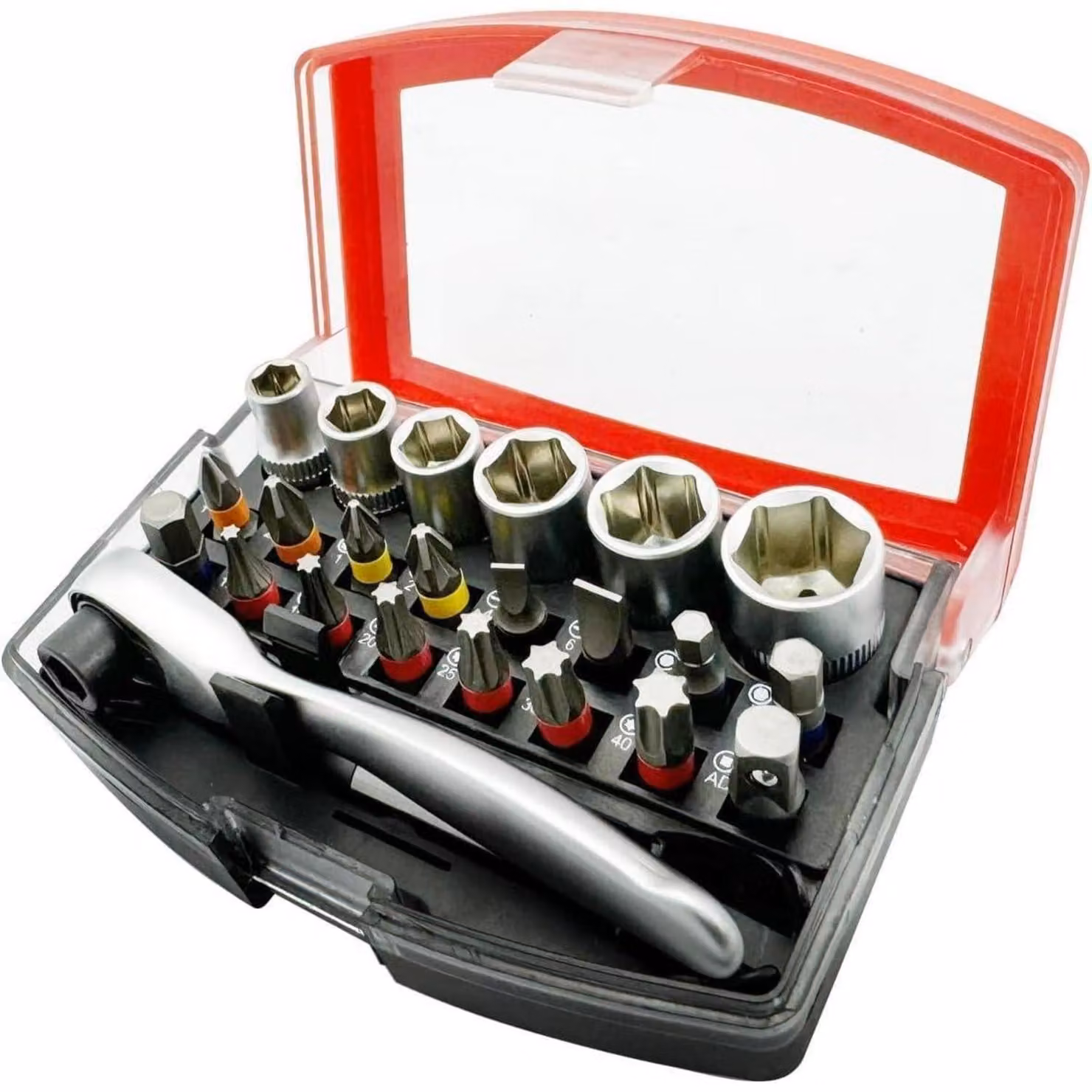 Set di 24 pezzi con cacciaviti, chiavi a rinvio e portainserti magnetico, dotato di inserti S2