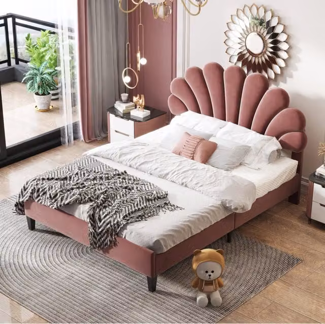 Letto matrimoniale 140x200 cm; testiera imbottita in velluto rosso fagiolo (Senza materasso)
