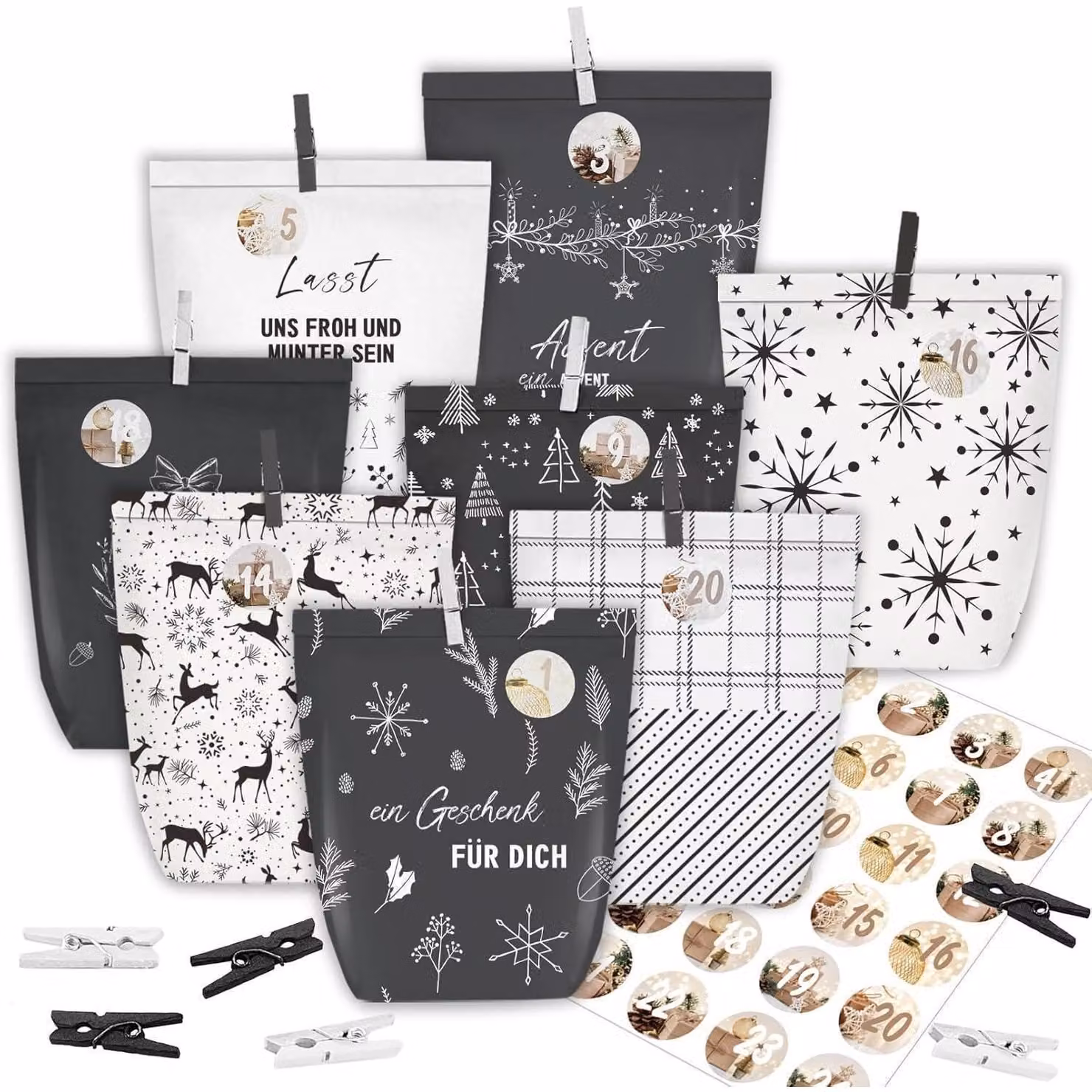 Calendario dell'Avvento con 24 sacchetti di carta, da riempire e decorare, in bianco e nero