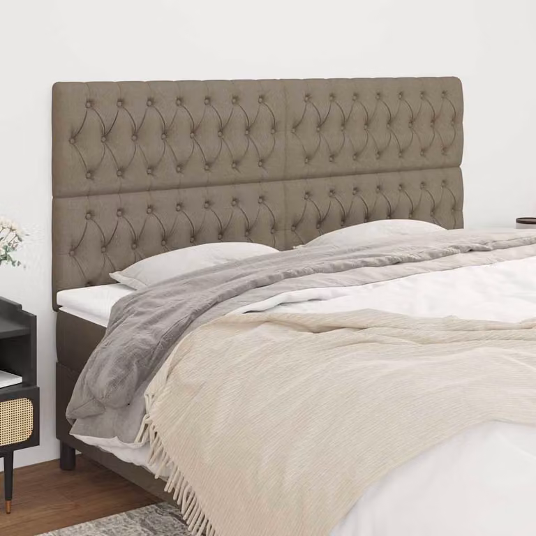 Testiera per letto vidaXL in tessuto beige con struttura in legno e pannello imbottito, L: 180 cm, P: 7 cm, H: 118-128 cm