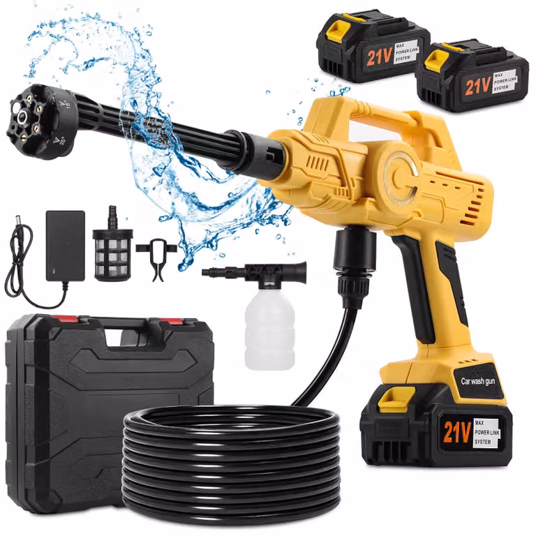 Idropulitrice a batteria senza fili, con 2 batterie da 3000mAh, 6 modalità di spruzzo, ugello per schiuma, motore brushless, pressione di 1,2 MPa, tubo da 5 metri, ideale per auto e giardino