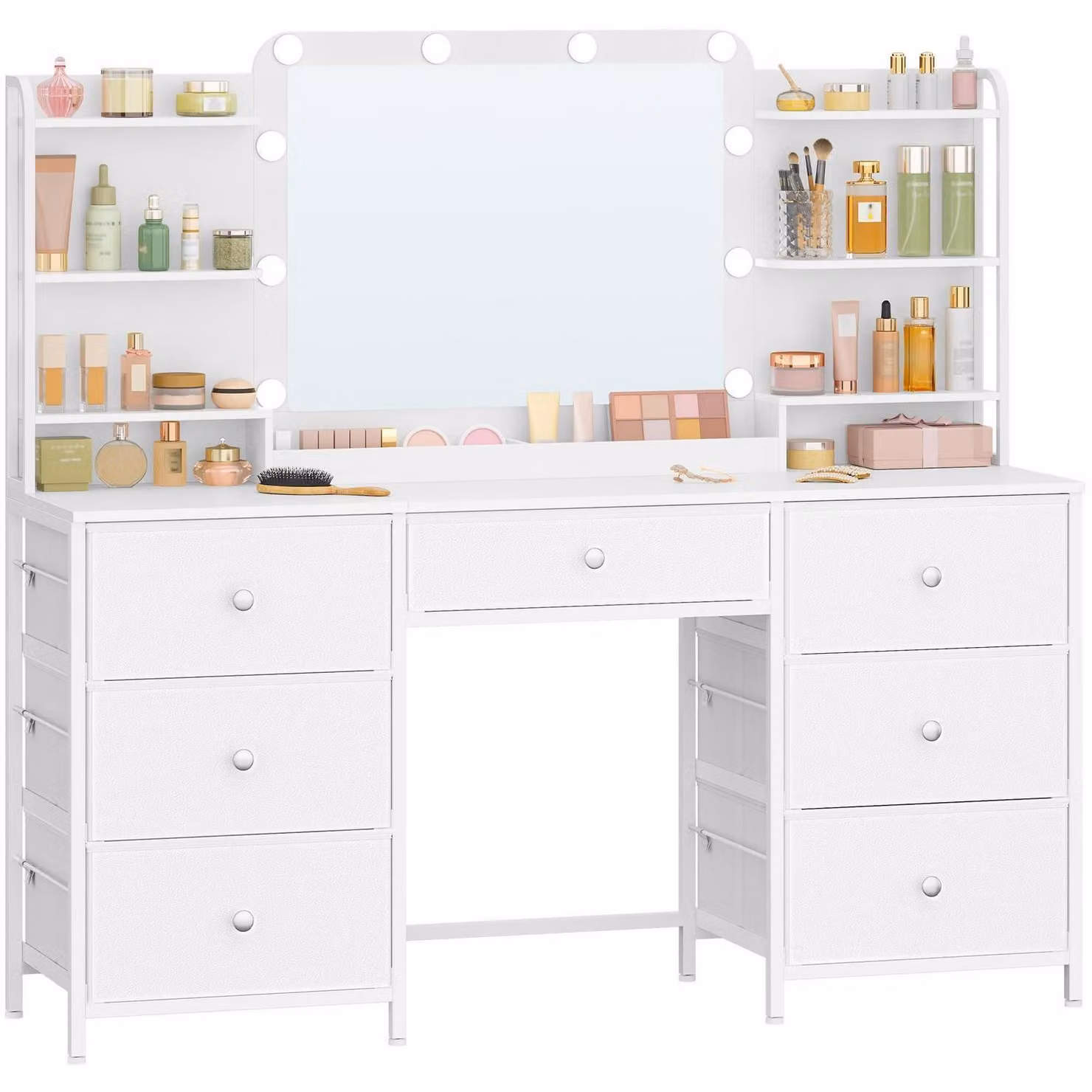 Comò da trucco con illuminazione a LED, specchio HD, 7 cassetti, 6 scomparti, bianco, 150 cm