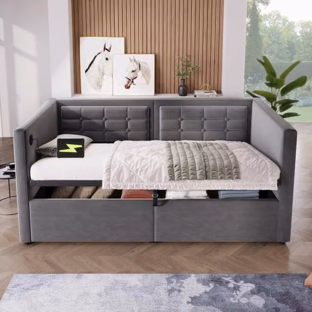 Letto singolo imbottito 90 × 200 cm con vano contenitore idraulico in velluto grigio con ricarica usb e type-c
