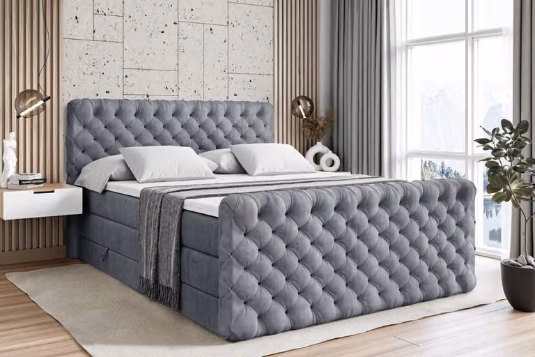 Letto boxspring ALTDECOR con pediera, 2 materassi e topper - 160x200 cm - BOXI8-Z KING - Velluto grigio - Letto imbottito con materassi H3 e H4, contenitore e rete a doghe, letto con spazio contenitivo