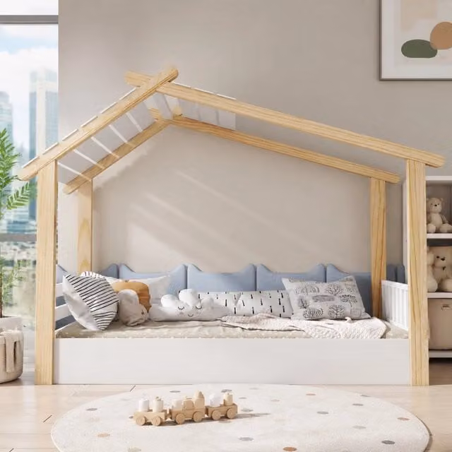 Letto a casetta 90 × 190 cm con rete a doghe in legno e MDF bianco naturale certificato FSC
