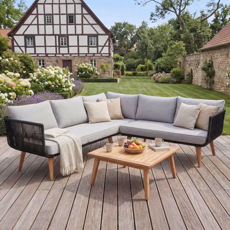Set da giardino HWC-L30, divano lounge set, legno di acacia MVG ~ rivestimento grigio chiaro