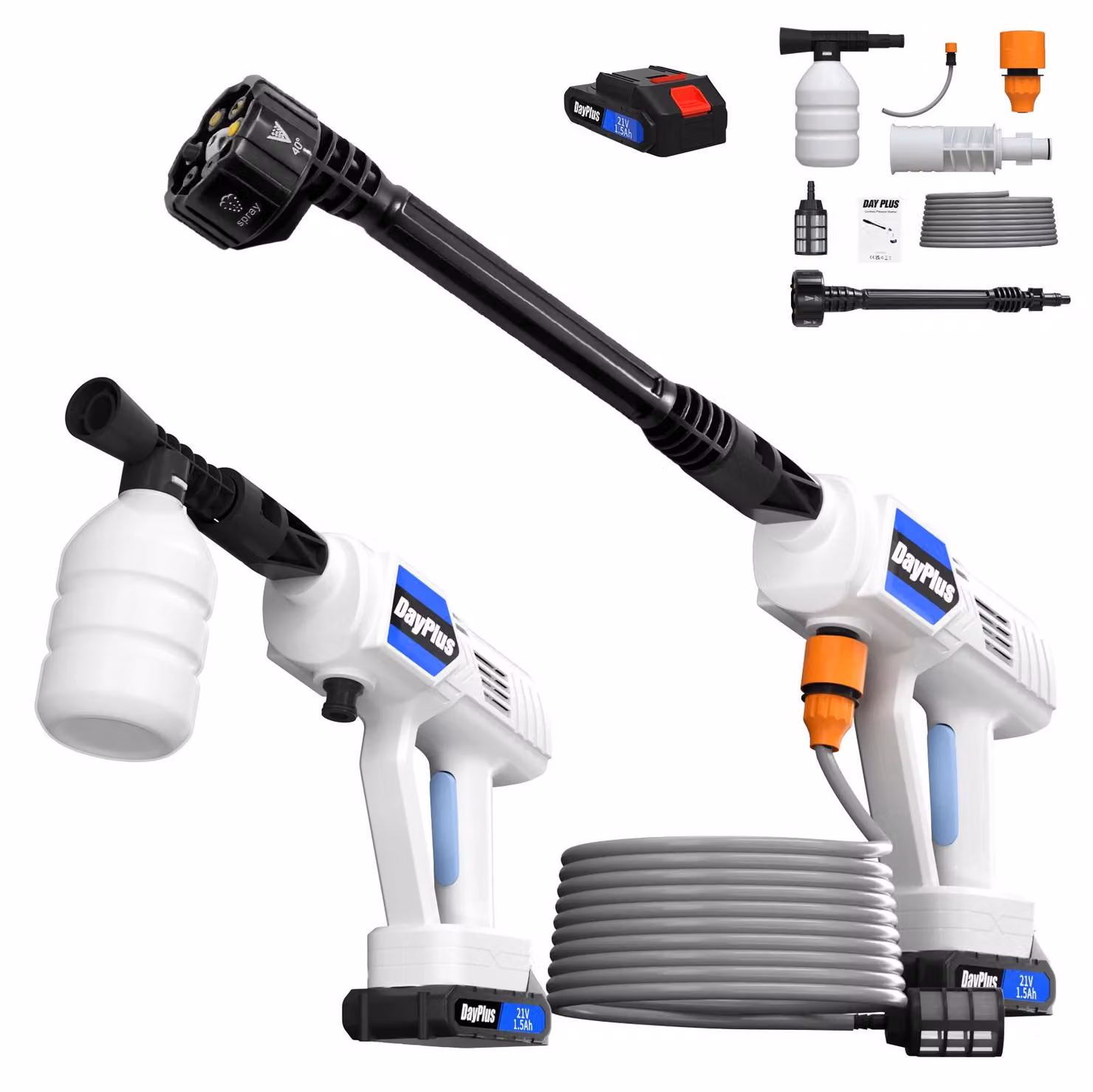 Idropulitrice a batteria - Lavaauto a batteria - Ugello multifunzione 6-in-1 - Portatile - Tubo da 5 metri - Serbatoio dell'acqua - 1 batteria con caricabatterie