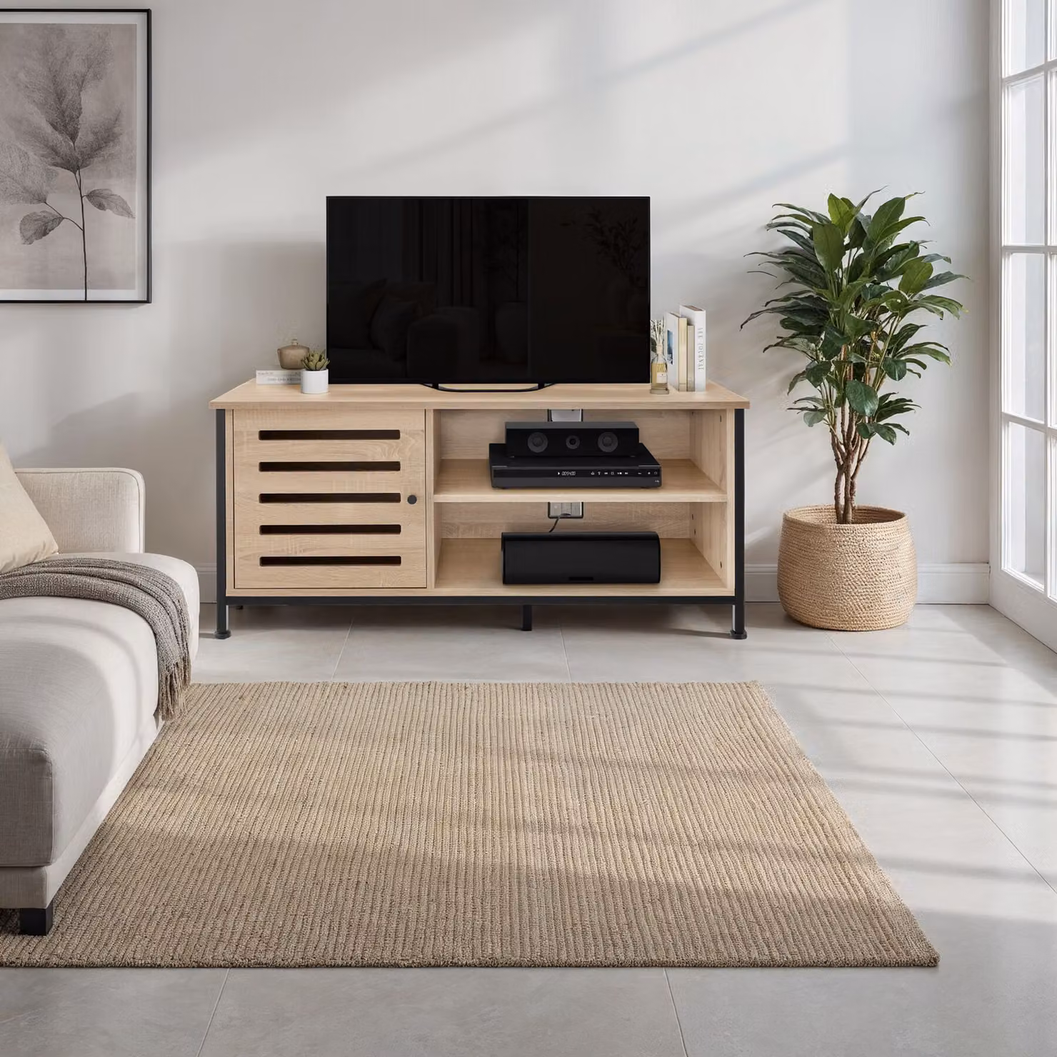 Mobile basso da TV Tectake Galway in stile industriale, colore marrone e beige, L: 110 cm, P: 41,5 cm, H: 50,5 cm – 1