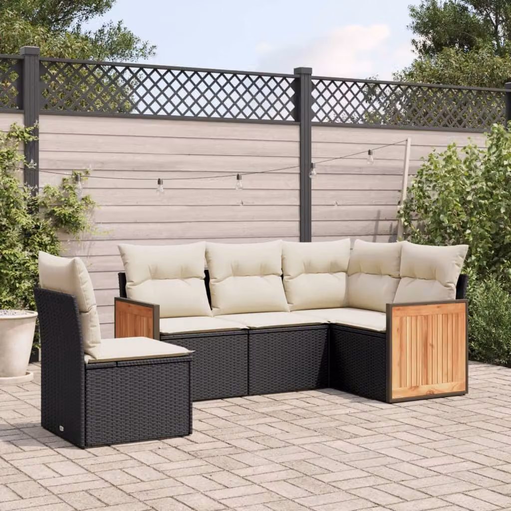 Set di divani da giardino vidaXL a forma di L composto da 5 pezzi in polyrattan nero con cuscini inclusi – 1