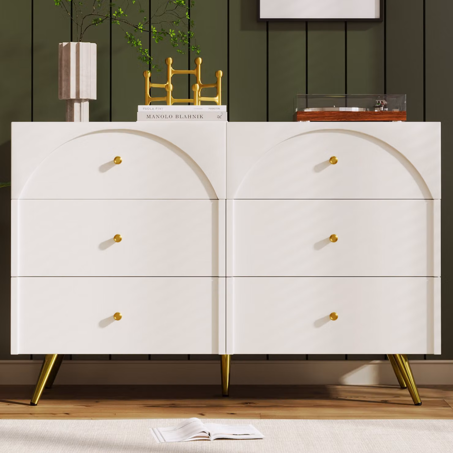 Comodà Flieks con 6 cassetti, mobile da salotto con gambe in metallo, 120x40x85 cm, bianco crema