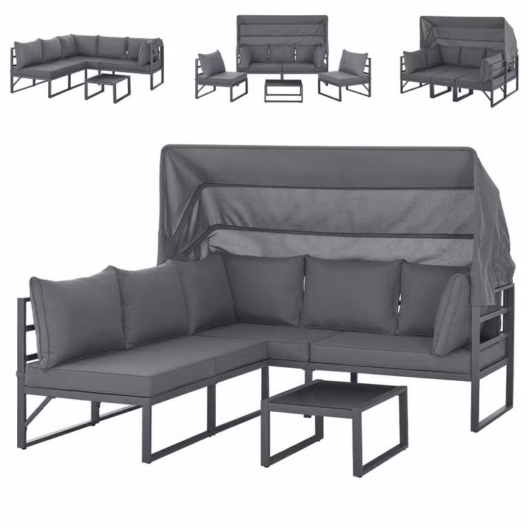 SVITA MAUI Set di mobili da giardino lounge con tetto Divano da esterno Sedia a sdraio Isola solare Acciaio Grigio