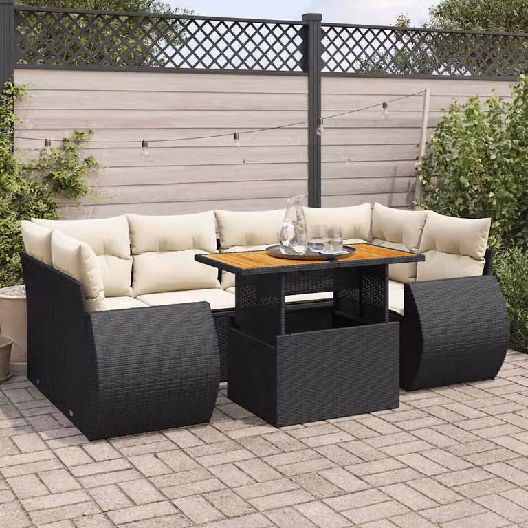 Set Divano da Giardino a L vidaXL in Polyrattan con Cuscini e Tavolino da Esterno, Nero e Bianco