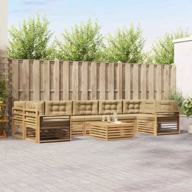 Set di divani da esterno a forma di U vidaXL in legno di acacia con tavolo da caffè, 8 pezzi, Bianco e Beige