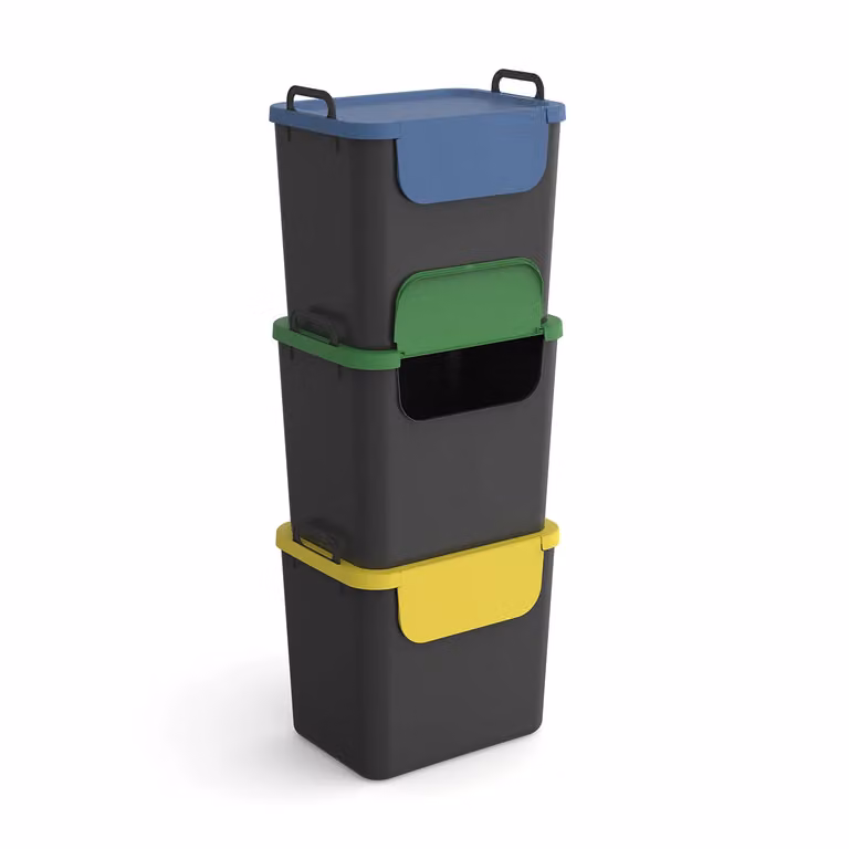 Set di 3 Pattumiere per la Raccolta Differenziata Rotho Jive Multicolore con Coperchio Flip Lid, Capacità 30 litri ciascuna