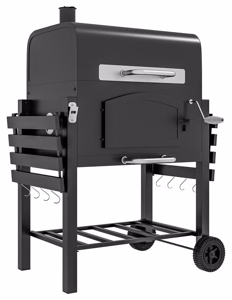 Carrello per barbecue Outsunny con coperchio e ripiani, in metallo, nero, adatto per affumicatura, campeggio