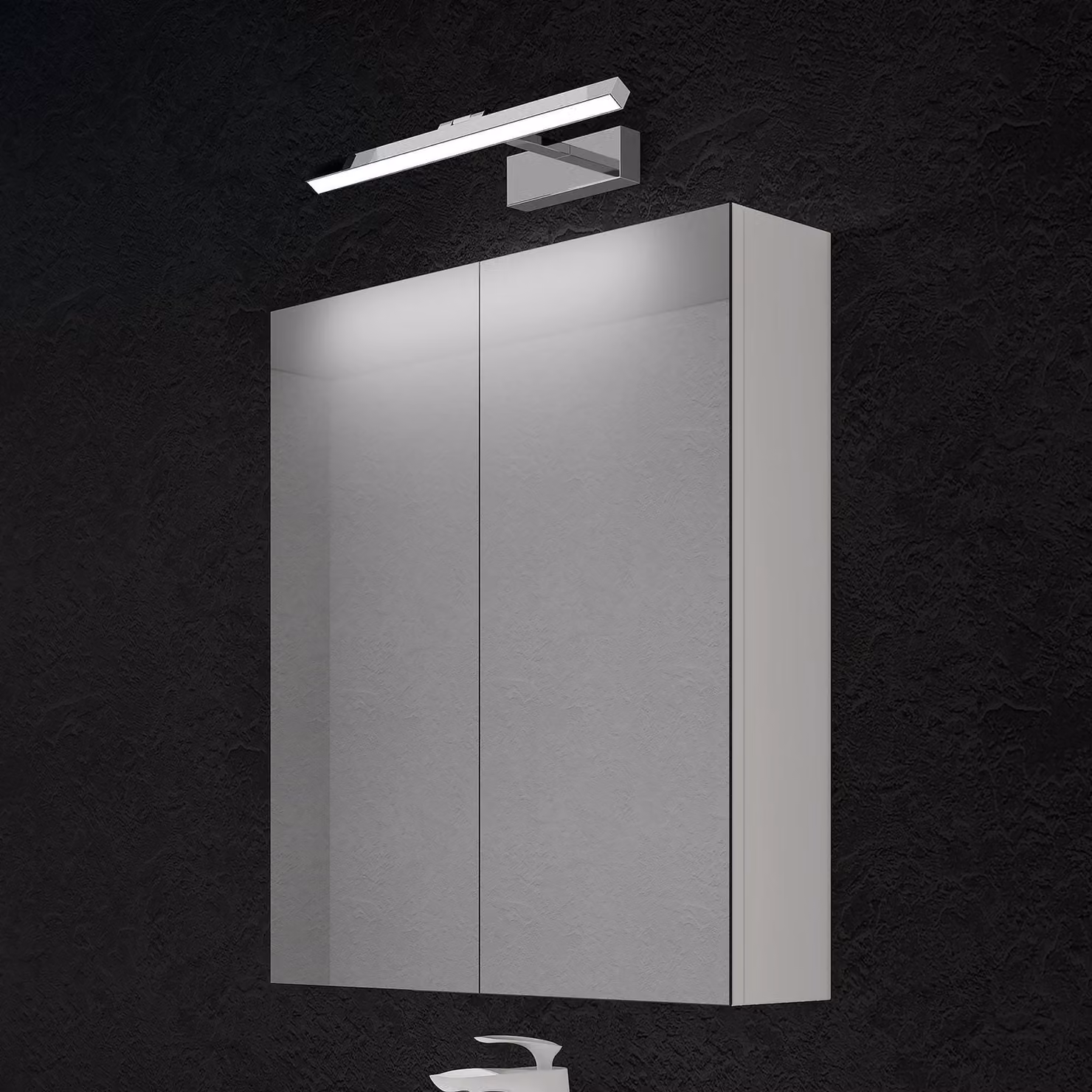 doporro Armadietto a Specchio 60x15x70cm con Lampada da Specchio LED per Bagno 40cm, 9W 4000K, Specchiera Bagno Mobilettto da Parete Bianco con 2 Ante e Applique Specchio Cromo, Spiegelschrank 02
