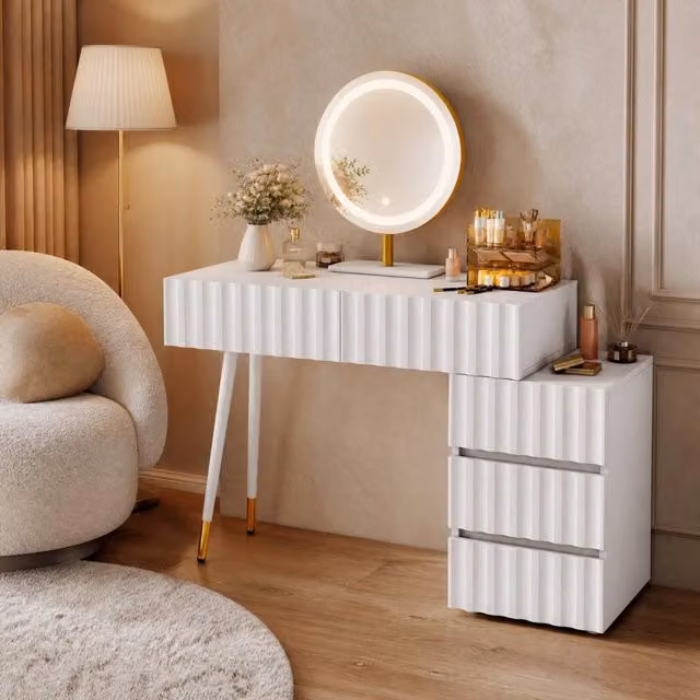 Toeletta con specchio LED a 3 colori e 5 cassetti Mivray in MDF bianco lucido con mobile laterale e gambe in metallo L/P/H: 100 x 40 x 127 cm