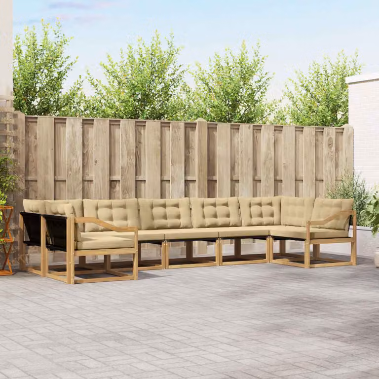 Set di divani da esterno vidaXL 7 pz in legno di acacia con cuscini Bianco e Beige