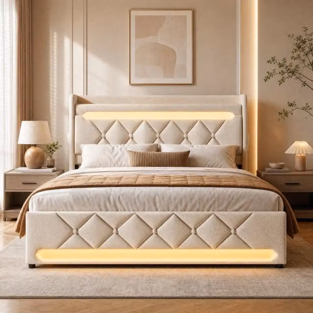 Letto imbottito ULEVR 160x200 cm con contenitore idraulico, LED 360¡ã, USB e Type-C, lino beige