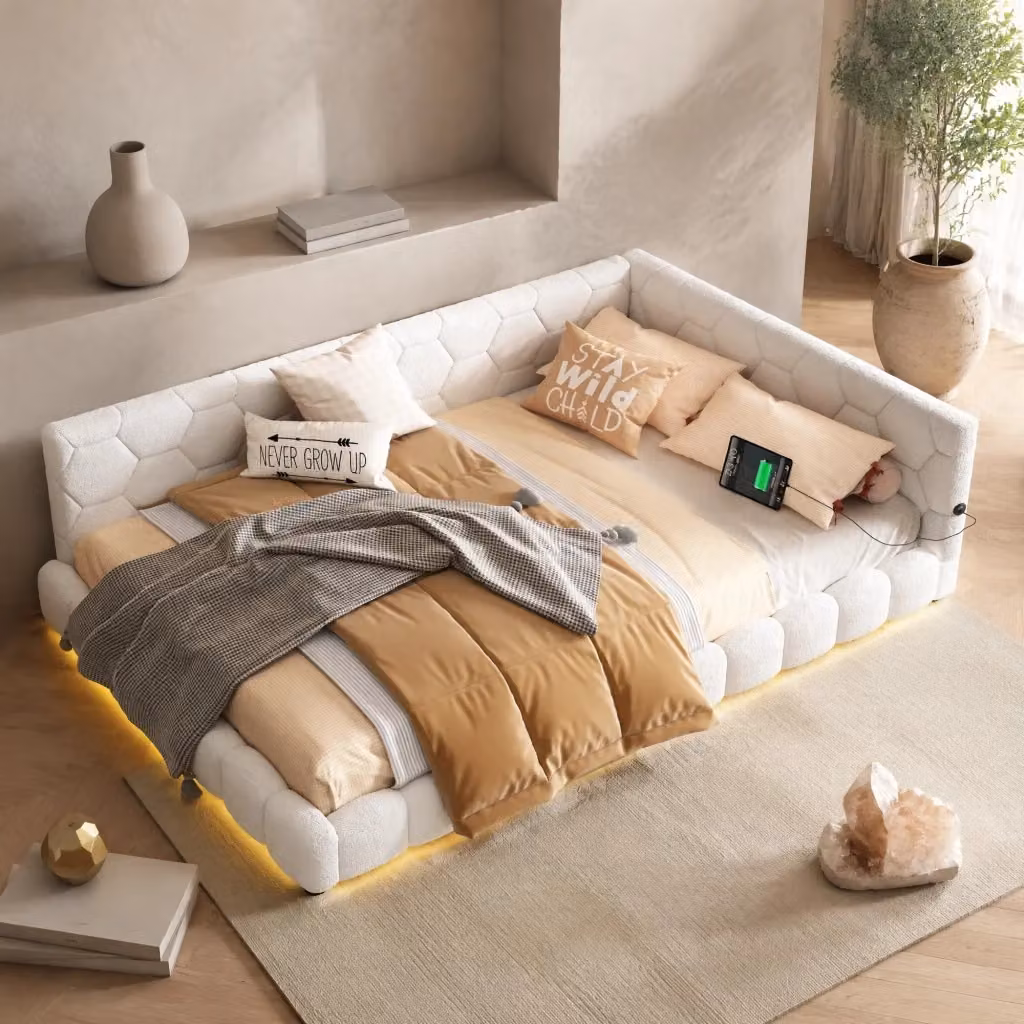 Daybed moderno in similpelle bianco con luci LED 16 colori e porte di ricarica USB e Type-C L/P: 140 x 200 cm – 2
