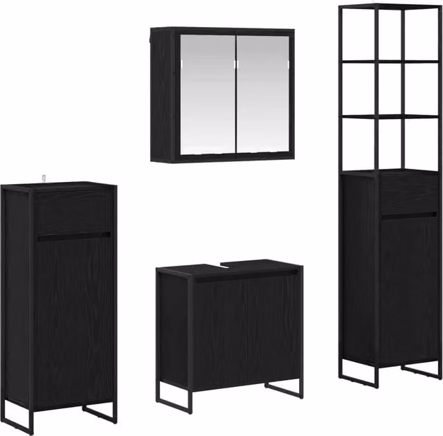Set di mobili da bagno moderni con mobile lavabo e pensile in legno e metallo nero opaco L/P/H: 180 x 65 x 70 cm