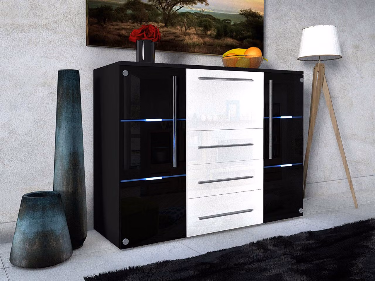 Cassettiera combinata con illuminazione a LED ANTRIM – nero / nero lucido / bianco lucido