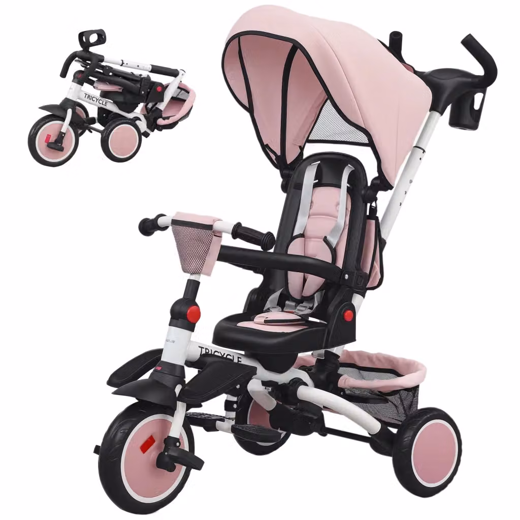 Triciclo 6 in 1 Pieghevole zephmum con Maniglia Regolabile e Sedile Rotante, Rosa – 2