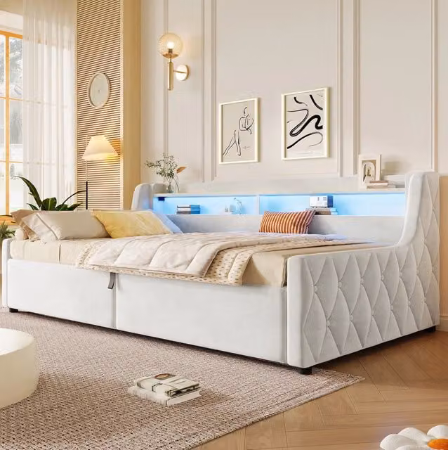 Letto imbottito 90x200 cm con contenitore idraulico e LED in flanella bianco sporco