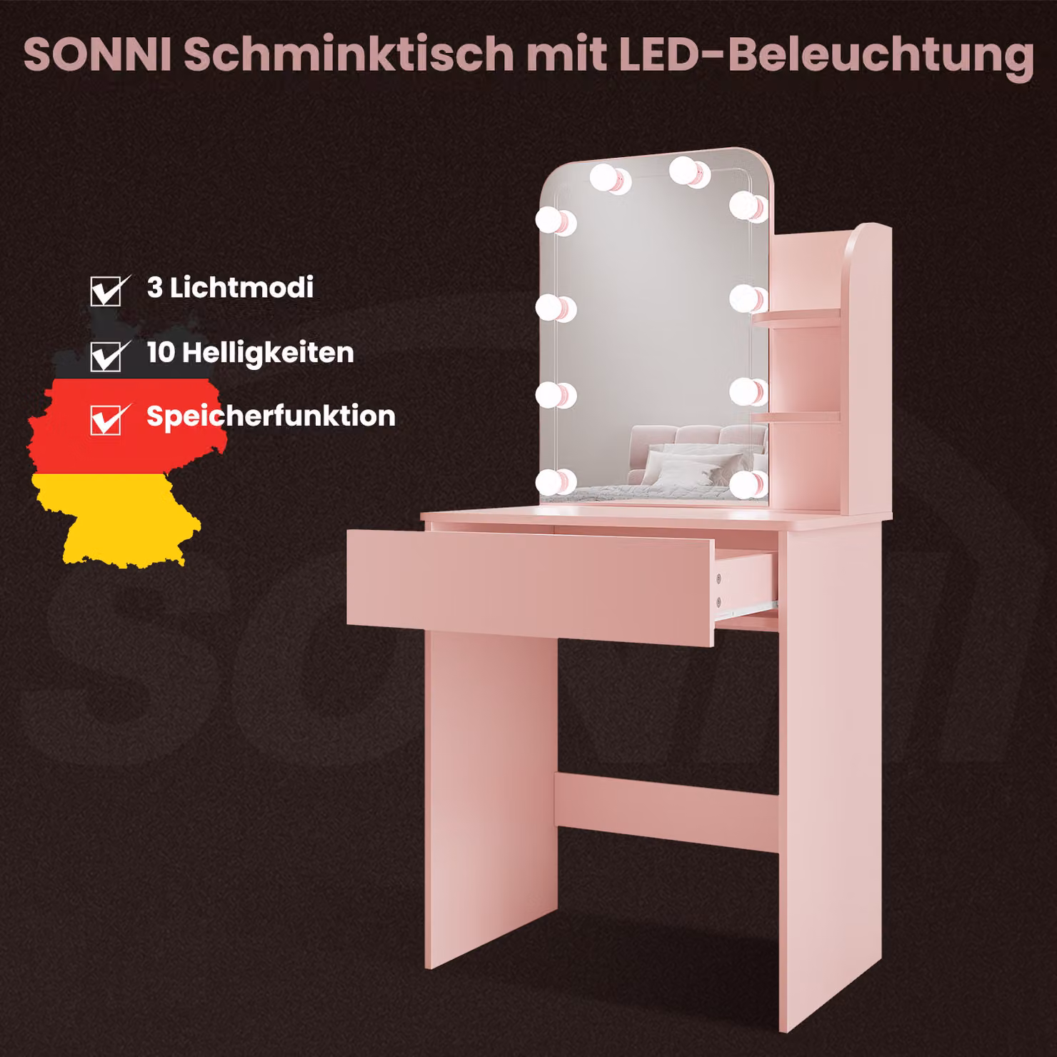 SONNI 70x40x140cm Comodino rosa con cassettiera con lampadine tricolori a luminosità regolabile specchio compatto cassettiera
