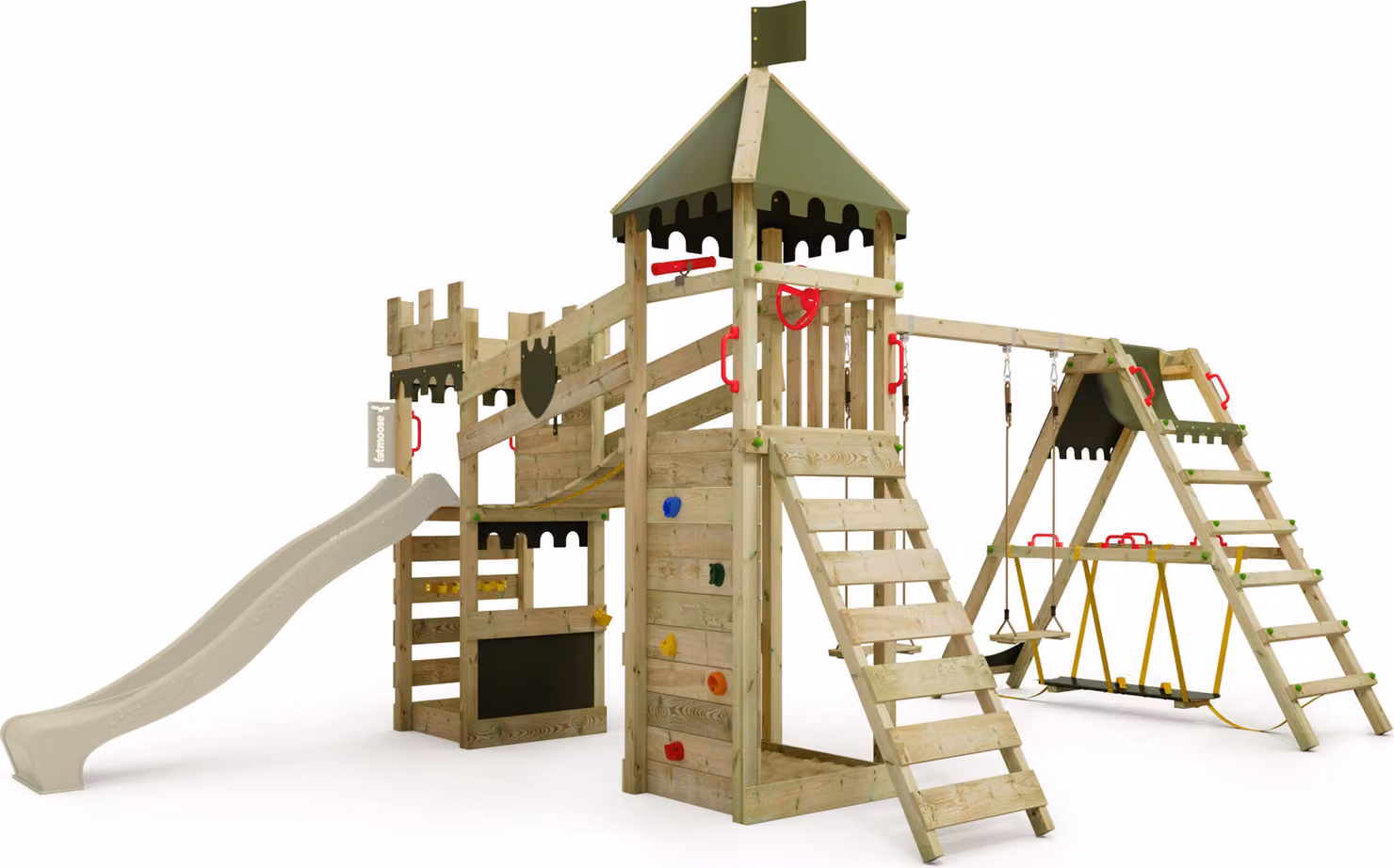 Torre giochi Fatmoose RiverRun Royal XXL con struttura per il surf e scivolo, colore verde salvia