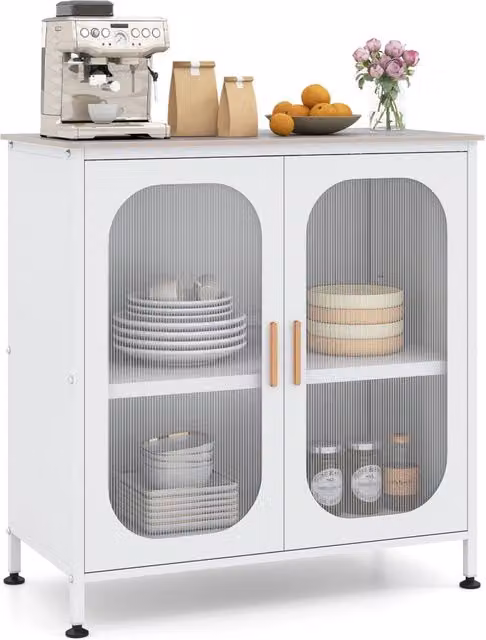 Credenza buffet mobile contenitore con 2 ante semitrasparenti e ripiano regolabile, mobile da cucina moderno con ruote, Bianco, L: 83 cm, P: 42 cm, H: 85,5 cm