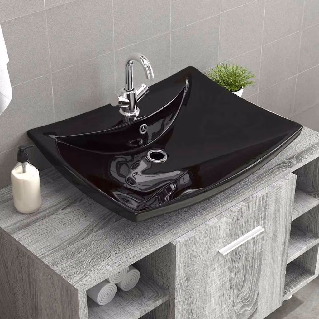 Lavabo da appoggio rettangolare vidaXL in ceramica nera con foro per rubinetto e troppo L: 60 cm, P: 44 cm, H: 17 cm