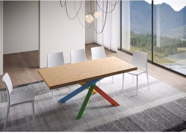 Tavolo allungabile moderno ITAMOBY Versalux in legno di rovere con bordo naturale e telaio a X, Multicolore, L: 180-230 cm, P: 90 cm, H: 75 cm