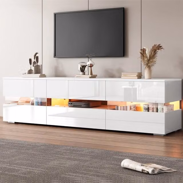 Mobile TV moderno bianco lucido 160x39x45 cm, LED, 2 ante, 1 cassetto, vano aperto, inserto vetro acrilico, apertura push. Per TV fino a 70