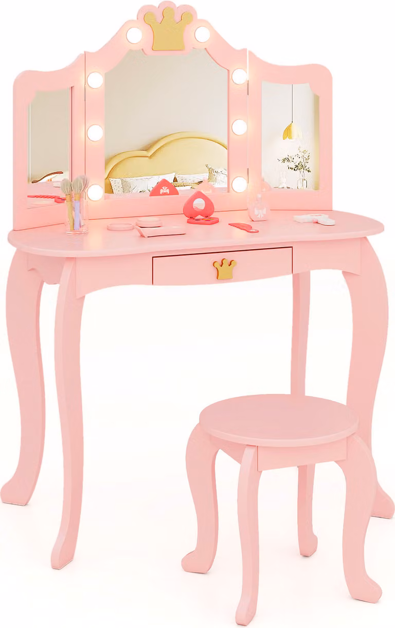 Set da toilette per bambini COSTWAY con specchio illuminato, toilette da principessa con triplo specchio, luminosità regolabile