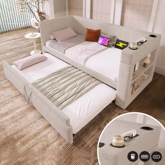 Divano letto estraibile 90x190 cm con USB; Type-C e portabicchieri; cotone e lino beige