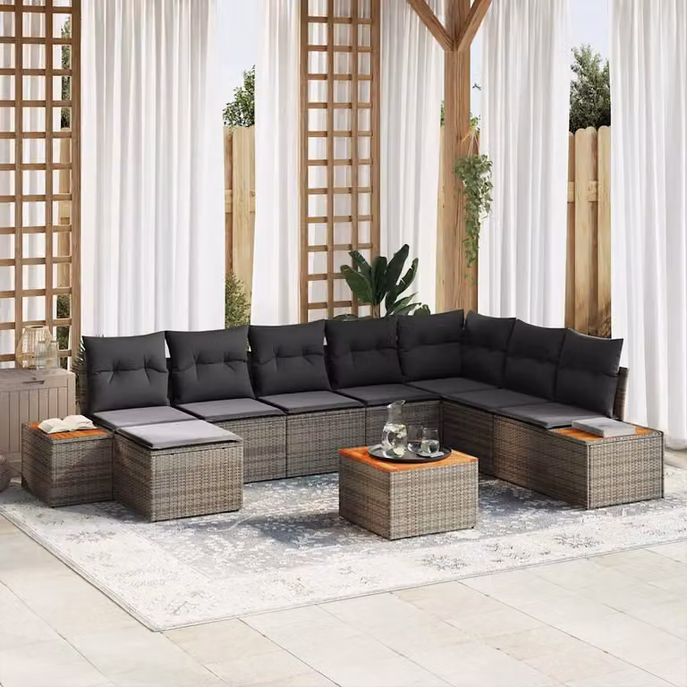 vidaXL Set Divano da Giardino Moderno 9 Pezzi in Polyrattan Grigio con Cuscini e Tavolino