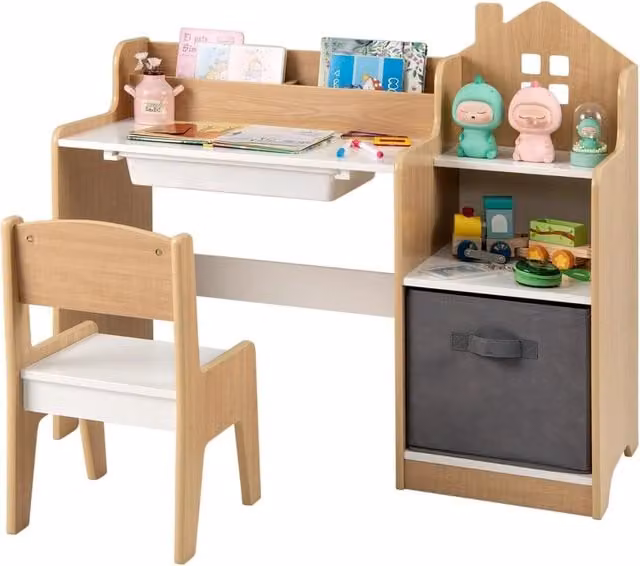 Set Scrivania e Sedia per Bambini Costway in Legno con Cassetti, Tavolo e Seggiola per Cameretta, Colore Beige