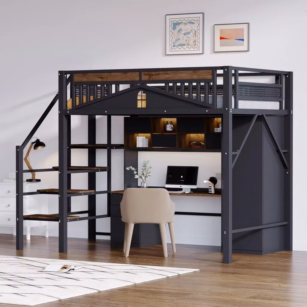 Letto a soppalco MIVRAY in metallo e MDF nero con scala di sicurezza e spazio sottostante, L/P/H: 200 x 140 x 170 cm – 2