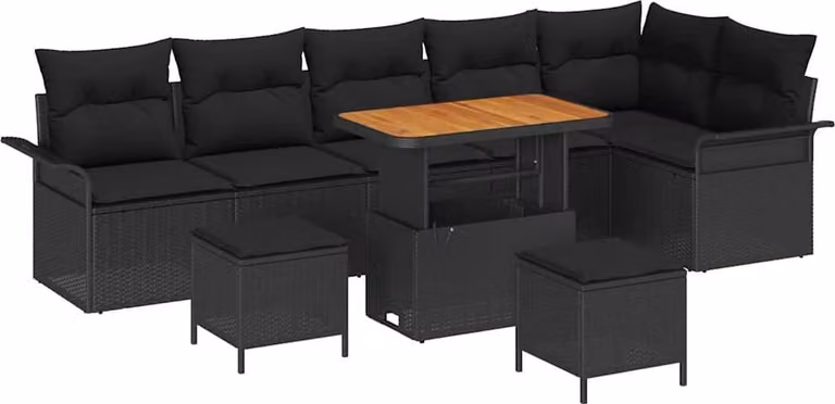 Set Divano da Giardino con cuscino 9 pcs Nero polyrattan