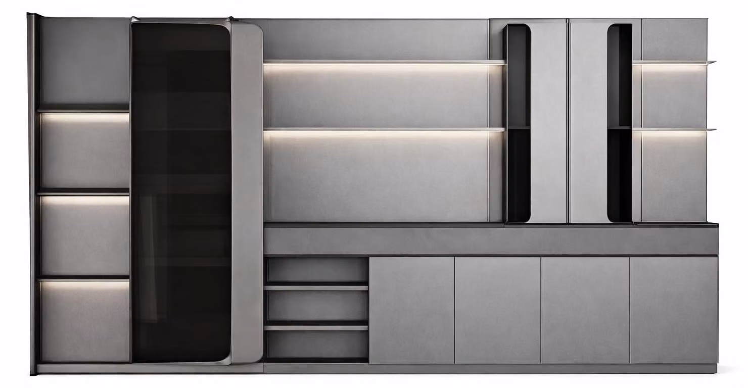 Armadio modulare per ufficio con illuminazione a LED e elegante frontale in vetro