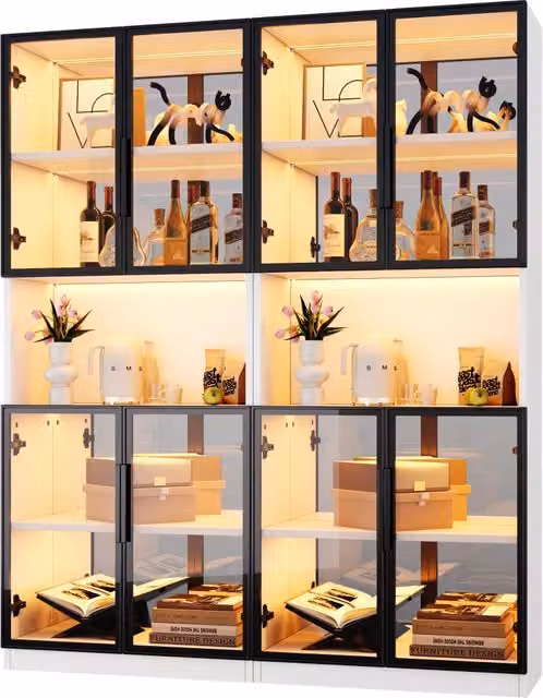 Vetrina con LED e schienale a specchio, ante in vetro grigio, per soggiorno e cucina, MDF bianco, 140 × 30 × 170 cm