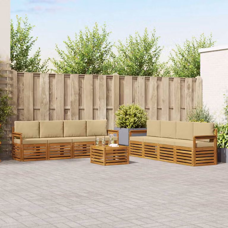 vidaXL Set di divani da esterno a forma di U composto da 9 pezzi in legno di acacia con cuscini, colore beige e marrone