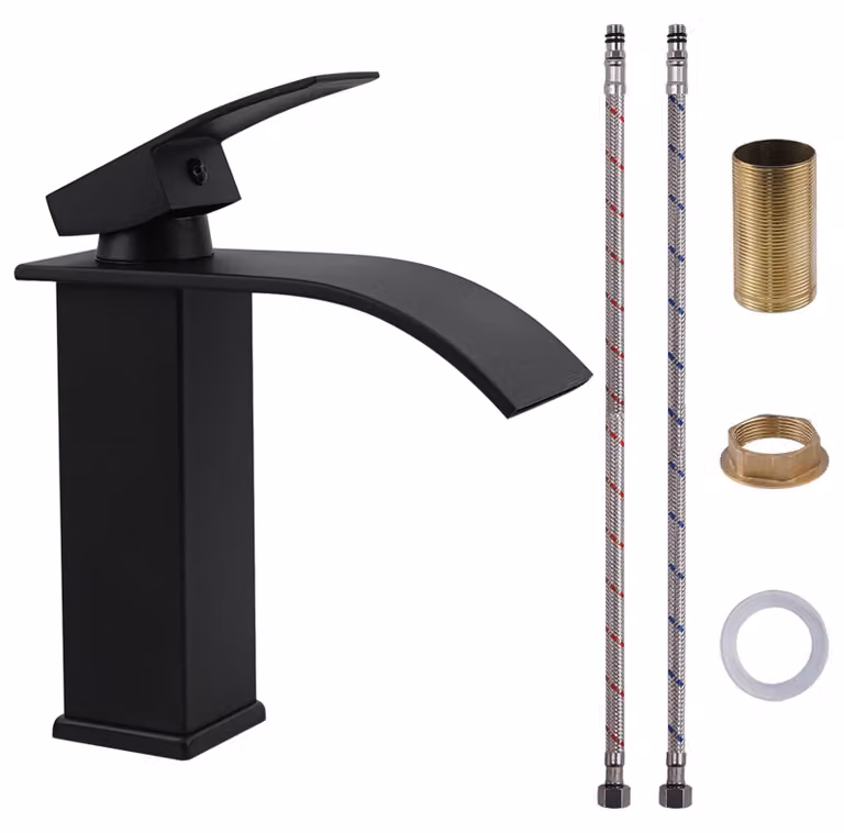 Miscelatore monocomando per lavabo con erogatore a cascata, in acciaio inossidabile lucido