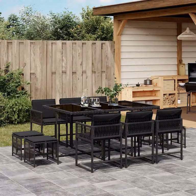 vidaXL Set da Pranzo da Giardino 11 pz in Polyrattan Nero con Cuscini e Tavolo in Vetro