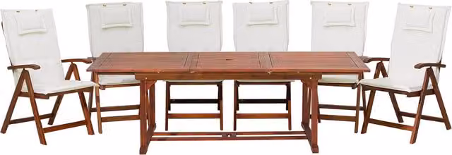 Set da pranzo da giardino BELIANI in legno di acacia con tavolo allungabile e 6 sedie pieghevoli con cuscini bianco sporco stile rustico