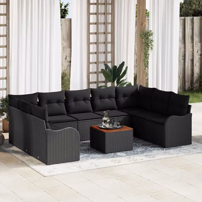 Set Divano da Giardino vidaXL 10 Pezzi a Forma di U con Tavolino e Cuscini, Nero, Struttura in Acciaio e Polyrattan